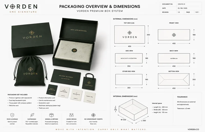VORDEN premium box system sheet: rigid box, dust bag, cards and external dimensions in millimetres