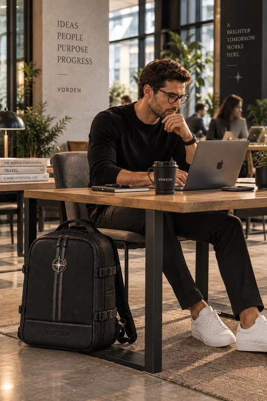 VORDEN backpack beside a professional working on a laptop in a bright lounge